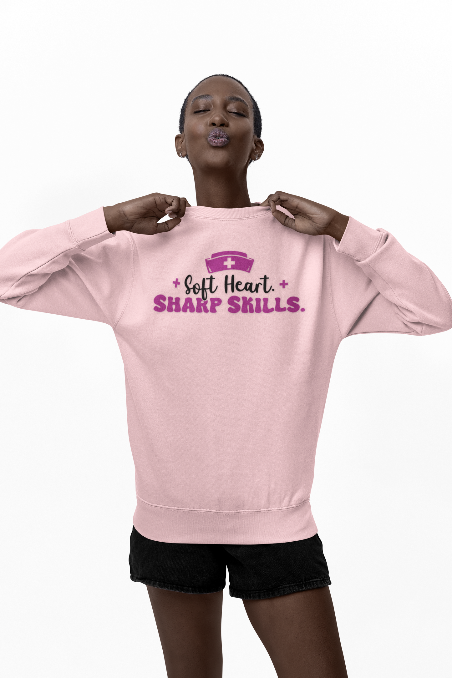 Nurse Crewneck Sweatshirt "Soft Heart. Sharp Skills." Comfort Pullover for Nurses